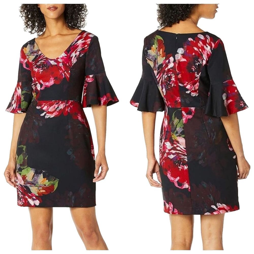 NWT Trina Turk Women’s Dress Size 2 Red Floral Bell Sleeve Stretch Mini Dress